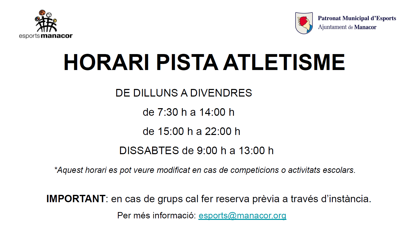 HORARIS PISTA D'ATLETISME 
